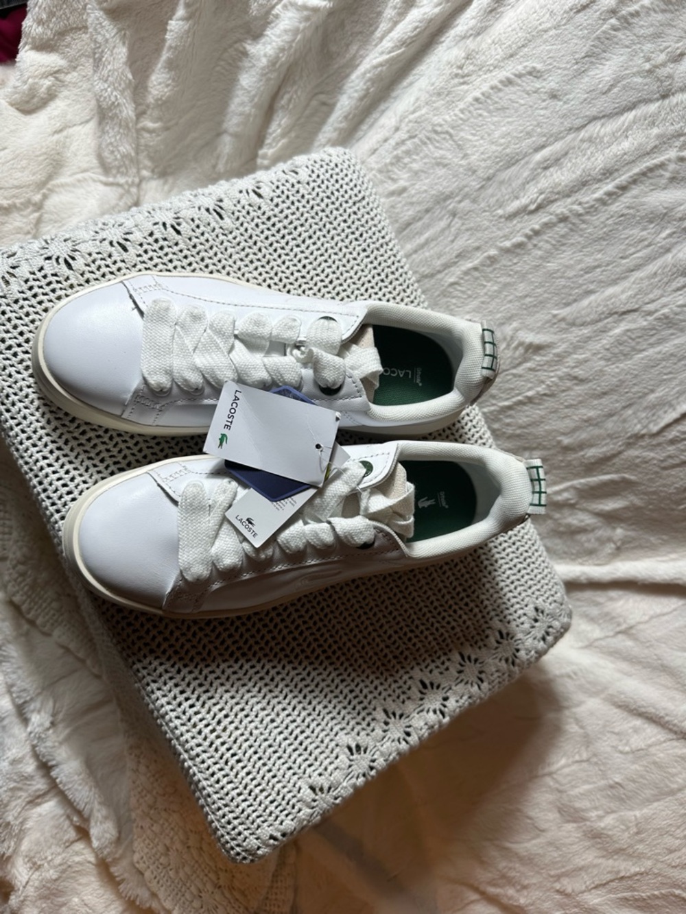 Lacoste White Leather Sneakers with Green Heel and Insole